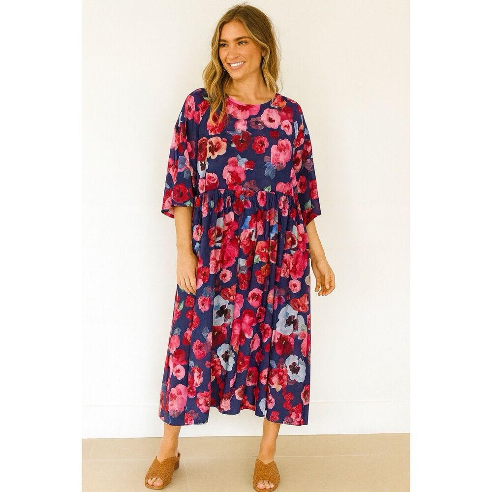 Floryday Dress Women's L Red Blue Floral Midi Pullover Relaxed 3/4 Sleeves